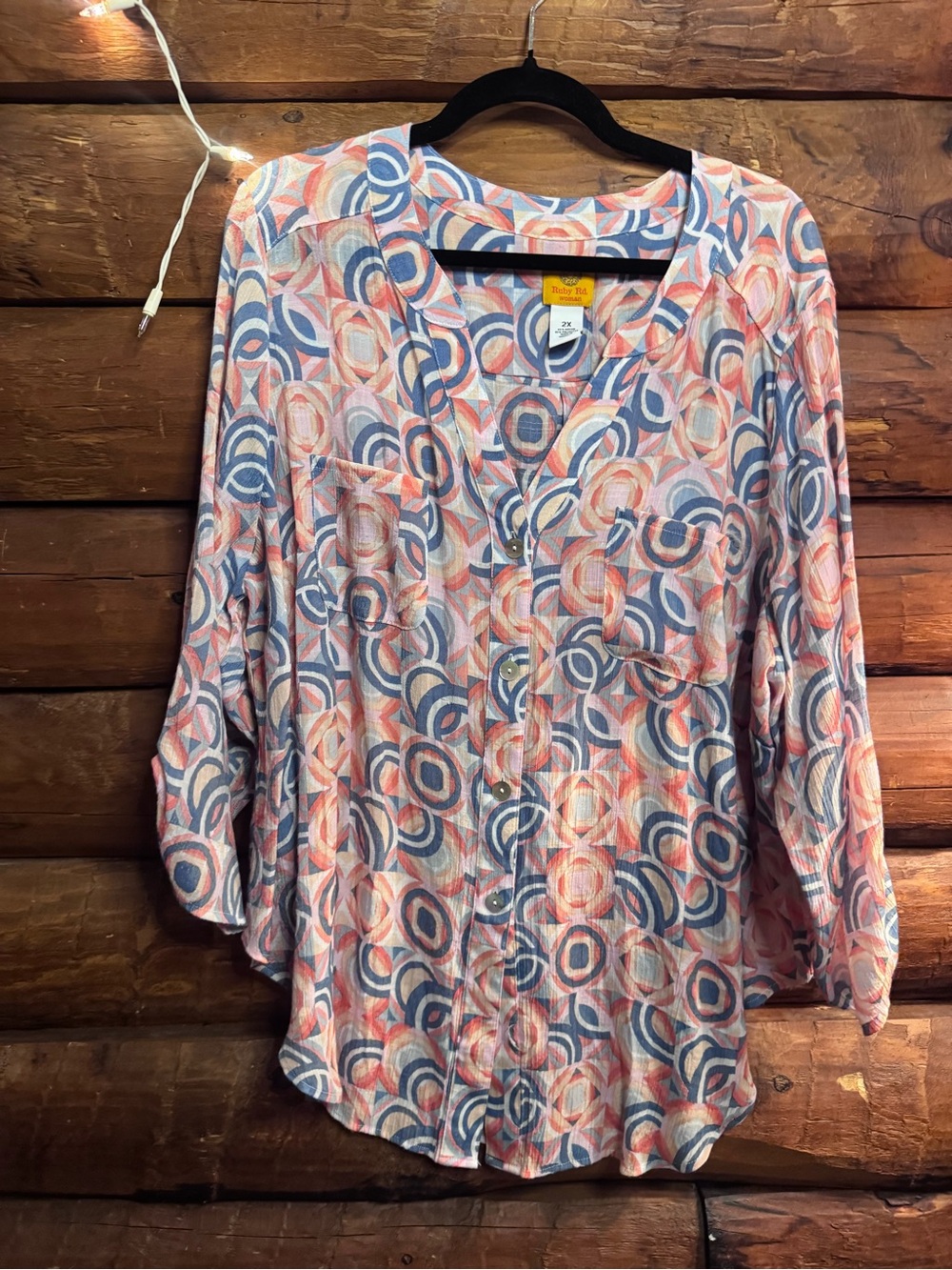 Ruby Rd. Coral and Blue Geometric Button-Front Shirt